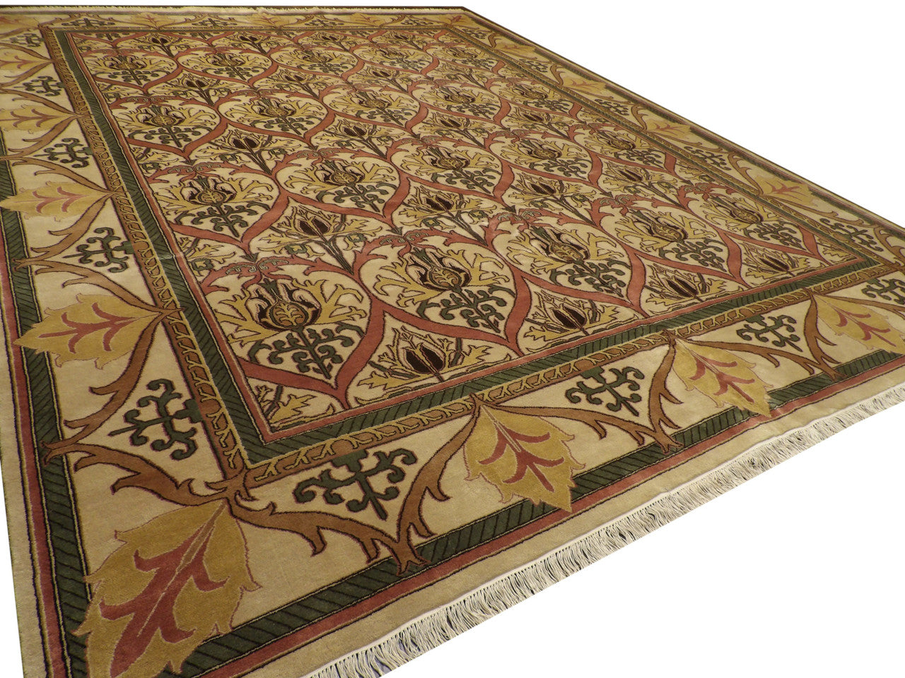 Oversized beige damask rug in a formal living room setting