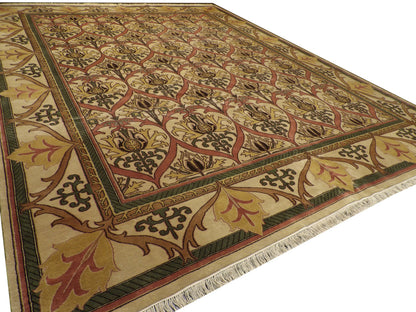 Oversized beige damask rug in a formal living room setting