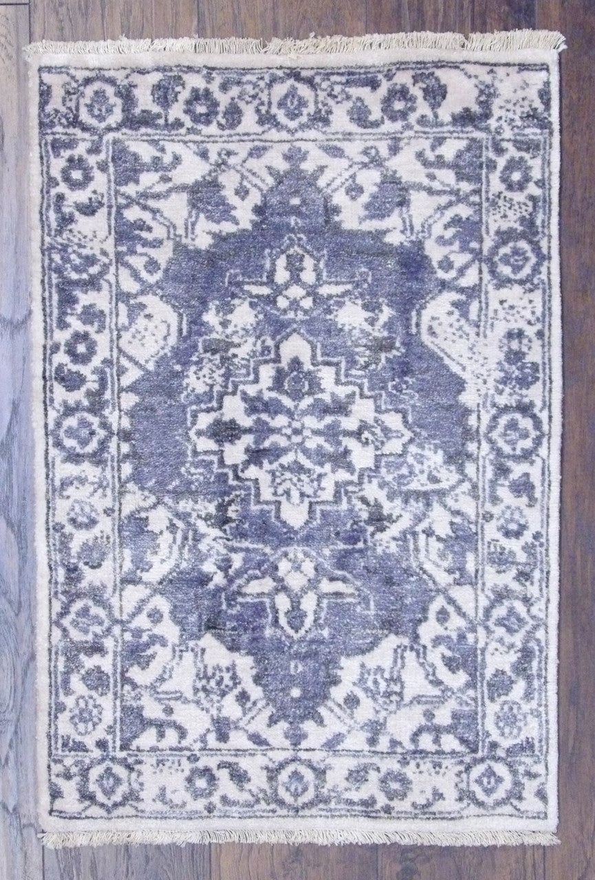 Oushak hand-knotted silk rug in Blue & White, full view