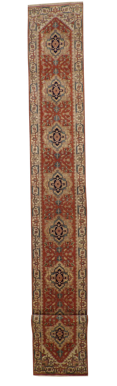 Tribal Indo Heriz hand-knotted wool rug in Beige & Rust, full view