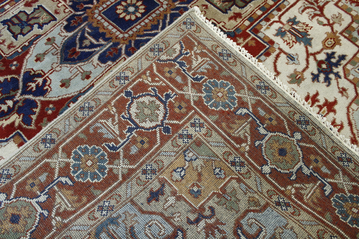 Tribal Heriz hand-knotted wool rug in Beige & Red, full view