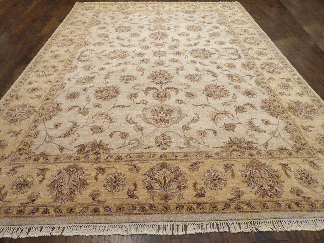 Back of hand-knotted Agra Ziegler rug showing knot construction