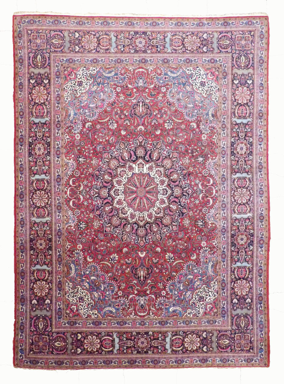 Fine antique Persian Tabriz hand-knotted wool rug in blue and red, oversized, full view