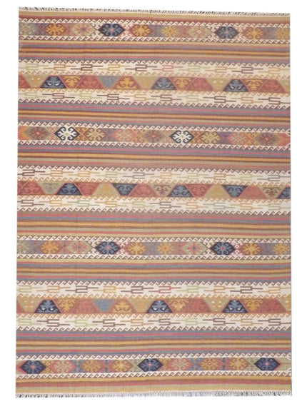 Coastal Flat Weave Indoor/Outdoor Beach hand-knotted wool rug in Brown & Rust, full view