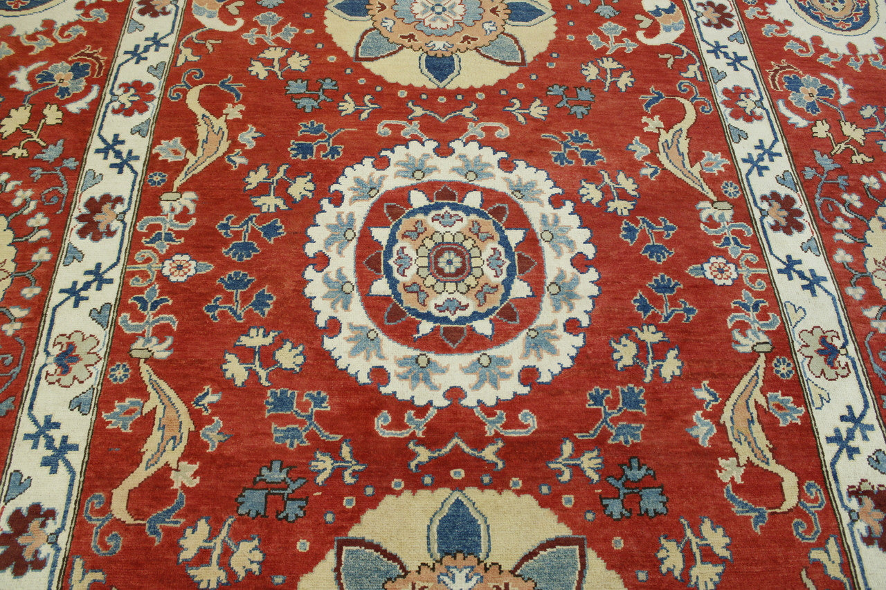 Tribal Suzani hand-knotted wool rug in Red, full view