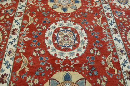 Tribal Suzani hand-knotted wool rug in Red, full view