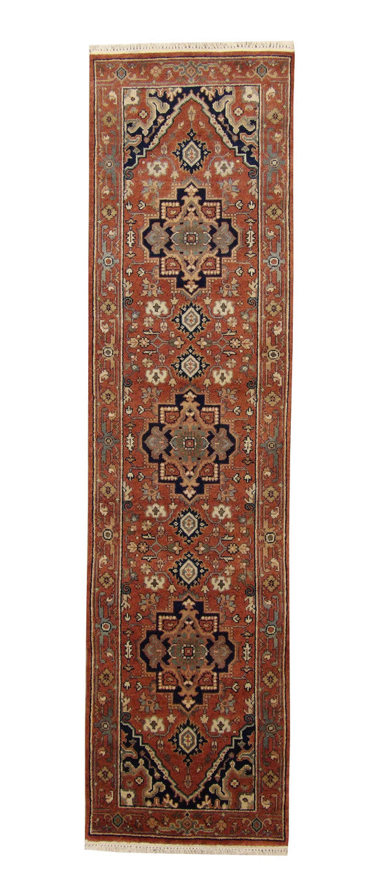 Tribal Heriz hand-knotted wool rug in Rust, full view