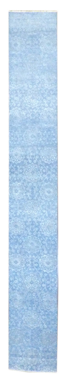 Transitional Oushak stone wash hand-knotted wool-silk runner in blue and green, full view