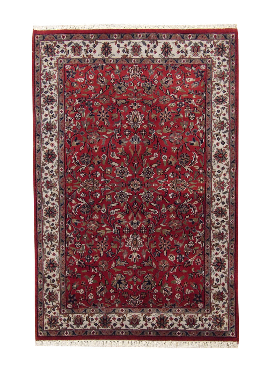 Traditional Mahal Design hand-knotted wool rug in Red, full view