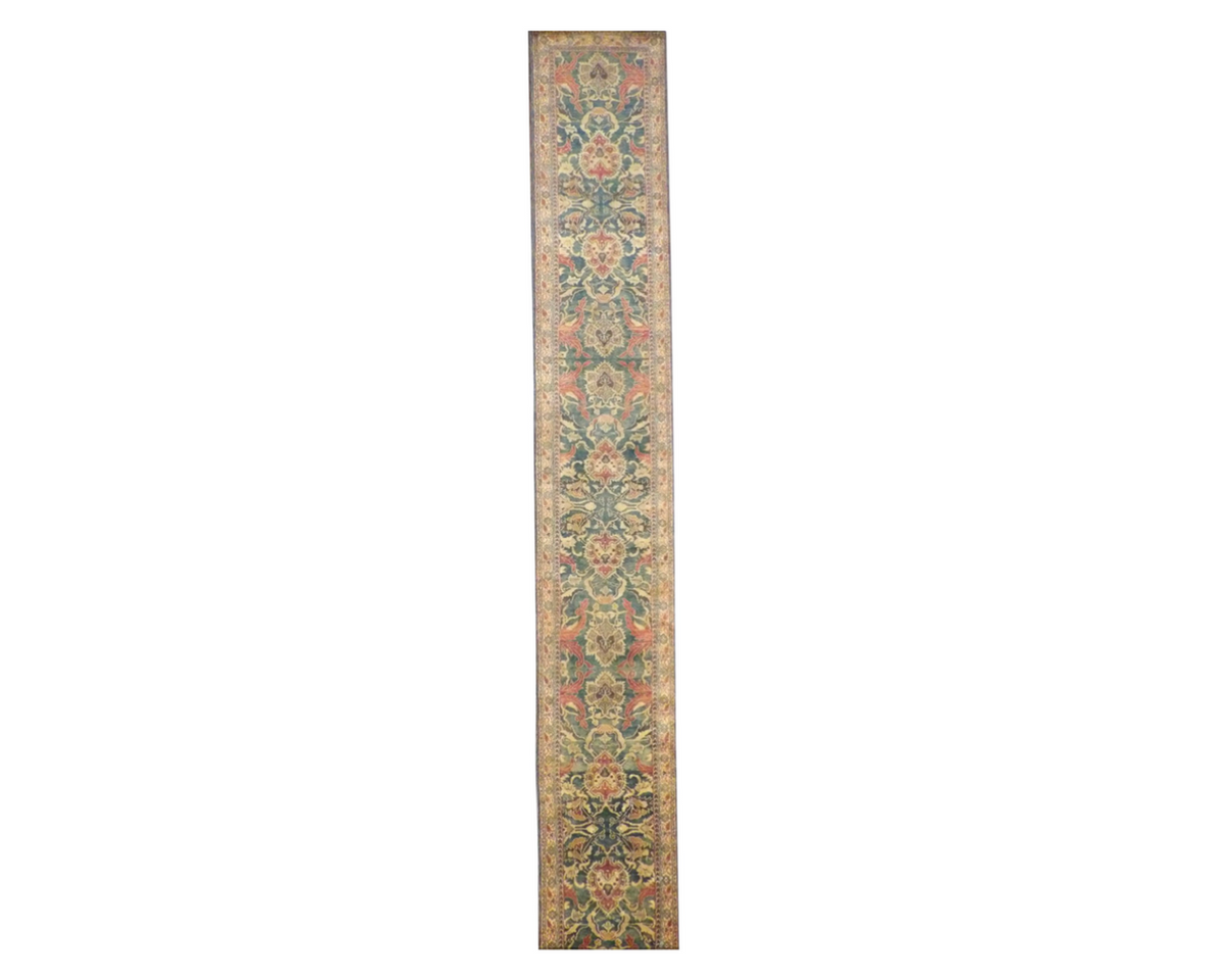 Agra Ziegler hand-knotted wool runner in gold and green, extra long, full view