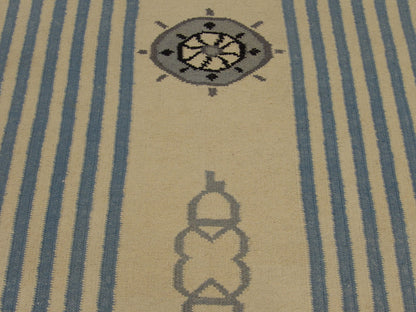 Coastal rug edge detail, blue and white flatweave