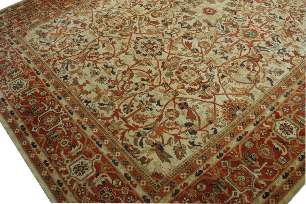 Traditional Antique Chobi hand-knotted wool rug in Beige, full view