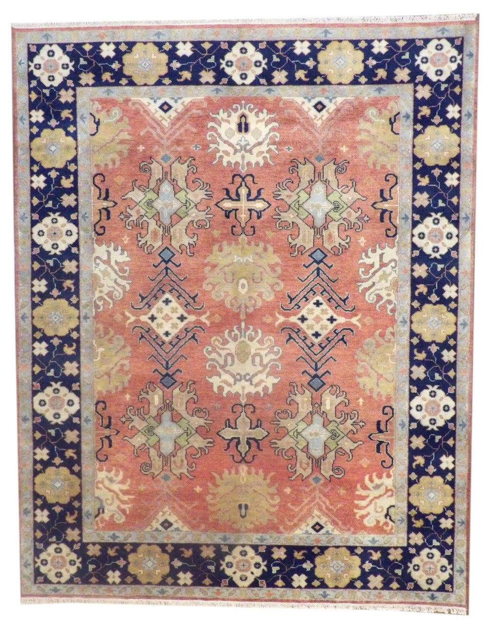 Fine Sherapi Ziegler Natural Dye hand-knotted wool rug in Blue & Rust, full view