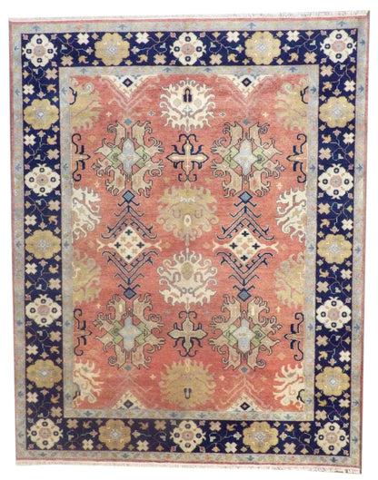 Fine Sherapi Ziegler Natural Dye hand-knotted wool rug in Blue & Rust, full view