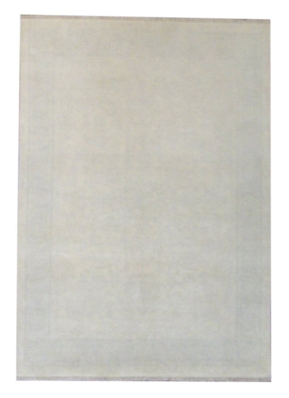 Oushak silky wash hand-knotted wool rug in beige, full view