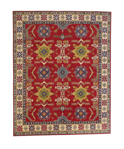 Tribal Super Kazak hand-knotted wool rug in Beige & Red, full view