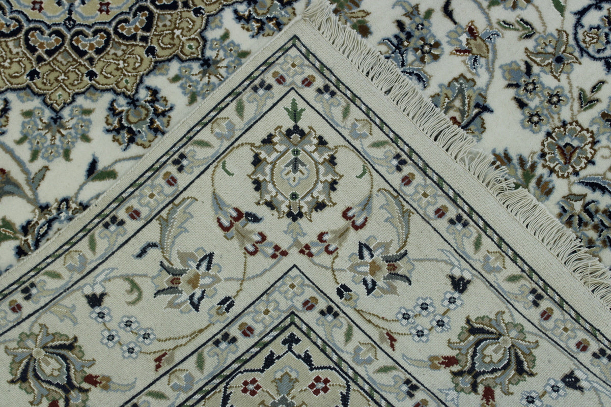 Traditional Fine Nain hand-knotted wool rug in Beige, full view