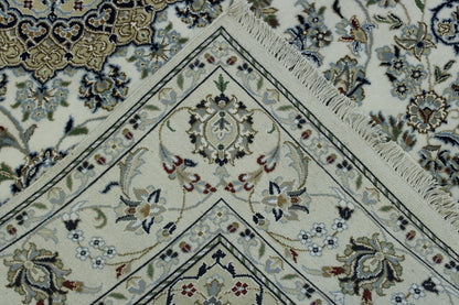 Traditional Fine Nain hand-knotted wool rug in Beige, full view