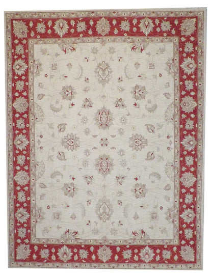 Oushak Chobi Natural Dye hand-knotted wool rug in Beige & Red, full view