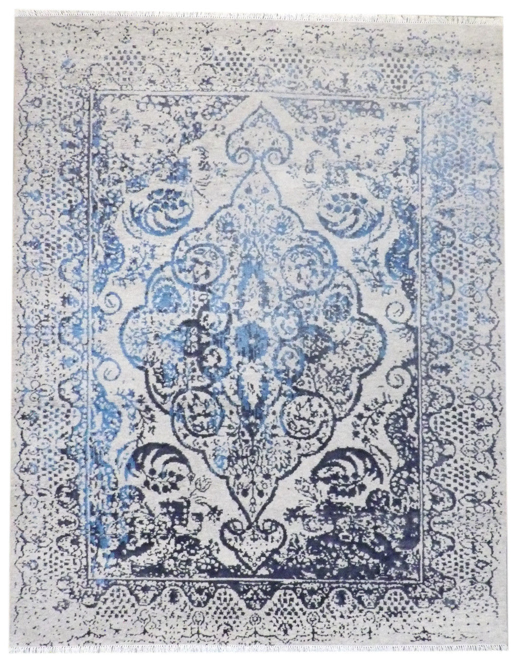 Transitional Broken Design High Low Carved hand-knotted wool-silk rug in Blue & Gray, full view