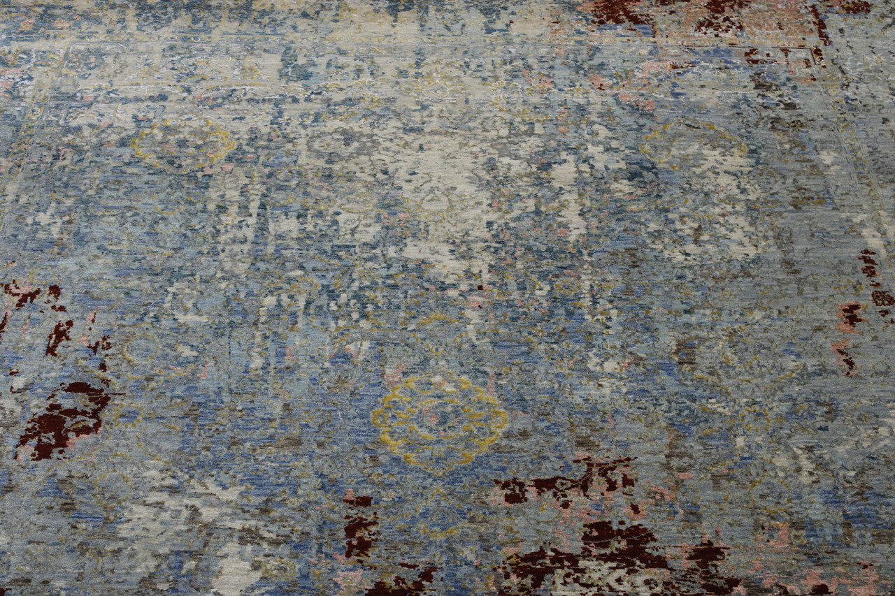 Close-up of wool-silk pile, Blue & Multi-Color rug