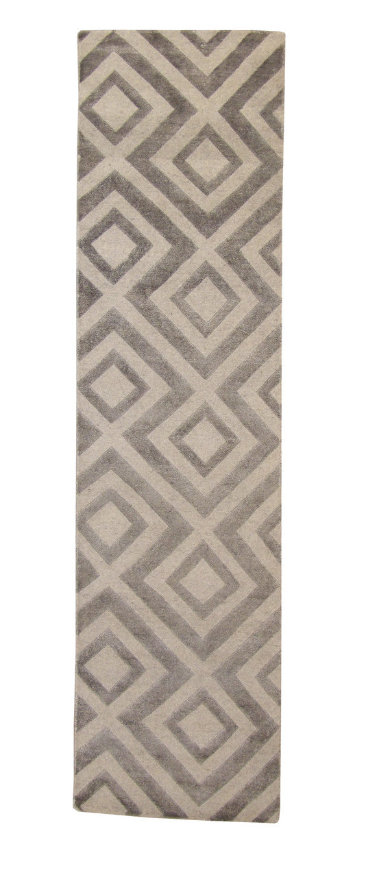 Modern Diamond Design hand-knotted wool-silk rug in Gray, full view