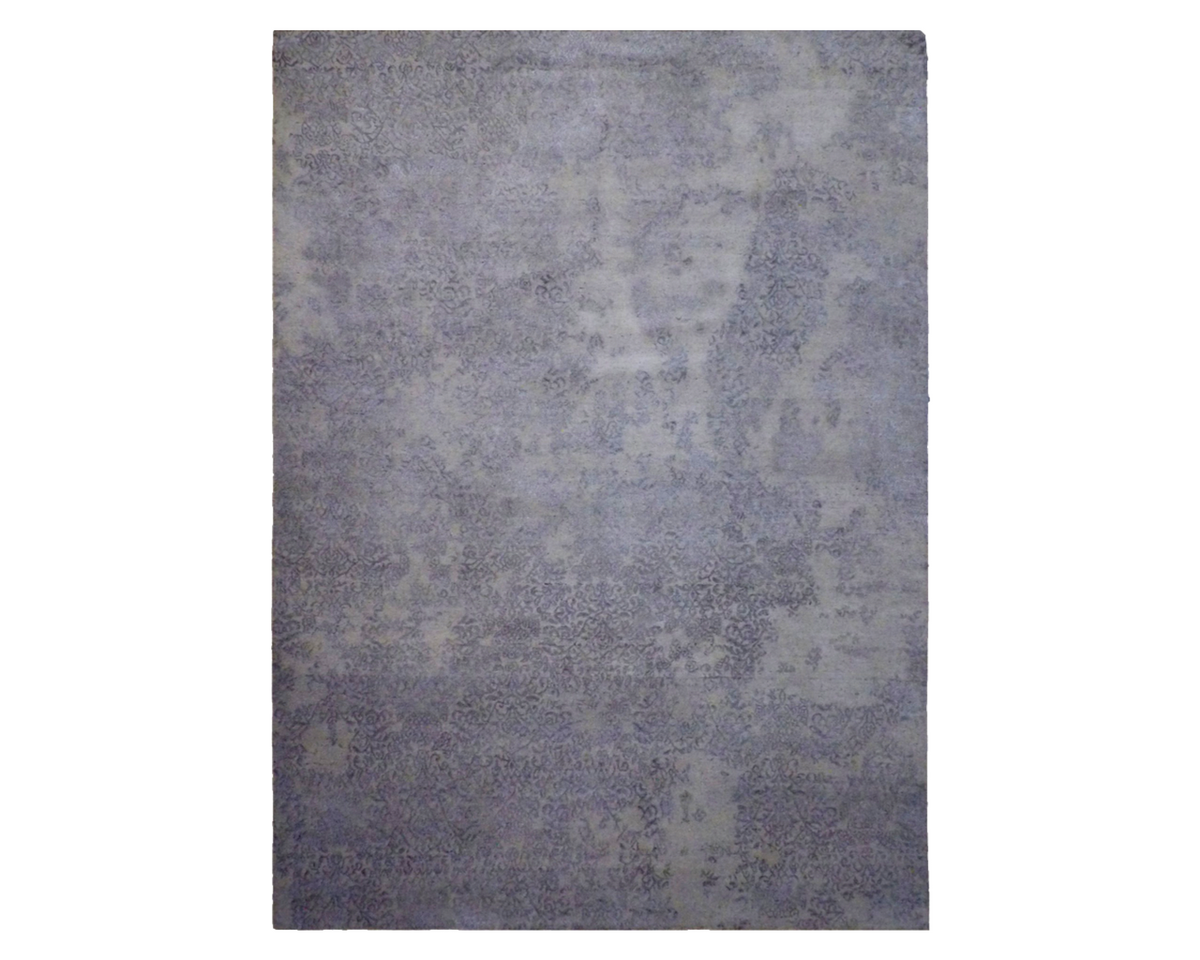 Modern abstract broken-design hand-knotted wool-silk rug in gray, full view