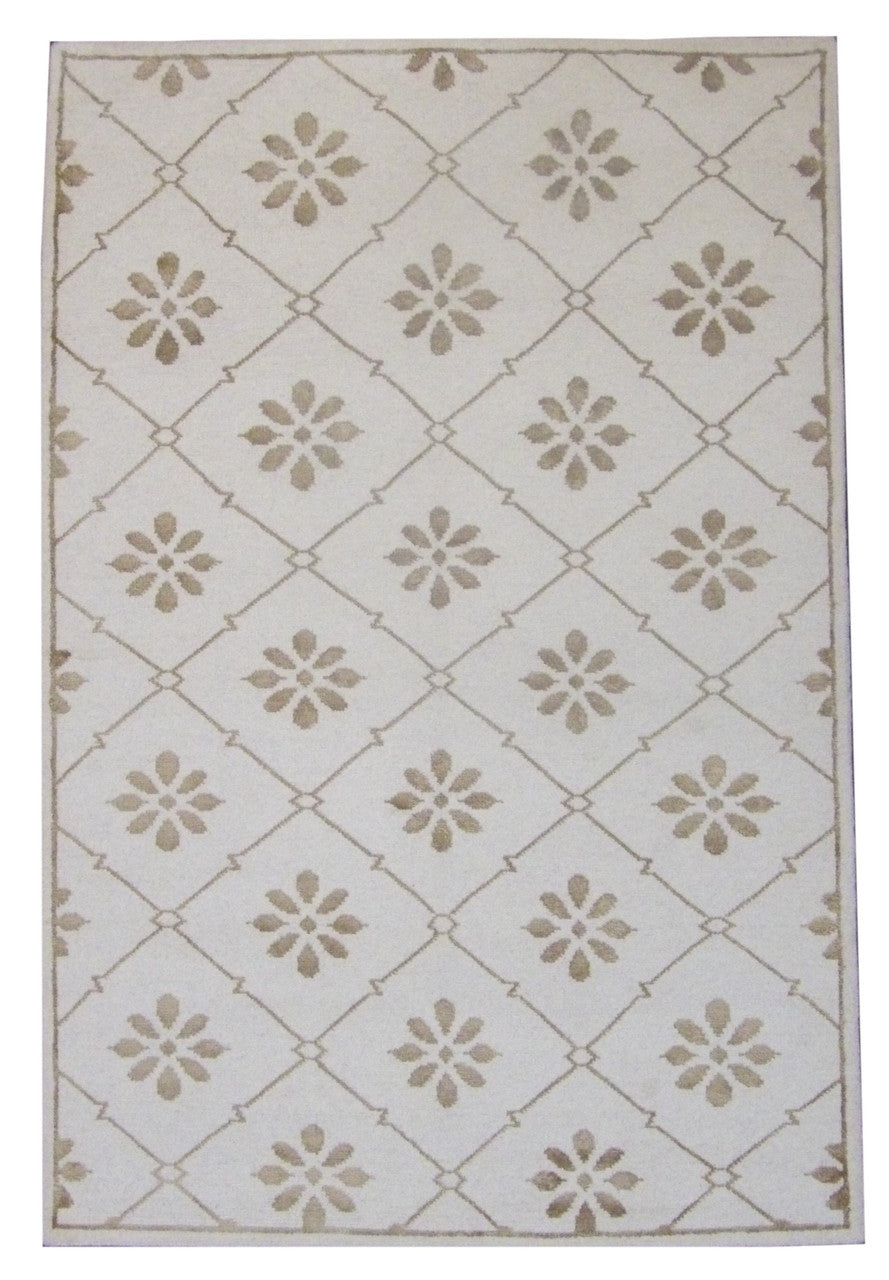 Transitional Moroccan floral diamond hand-knotted wool rug in gold and ivory, full view