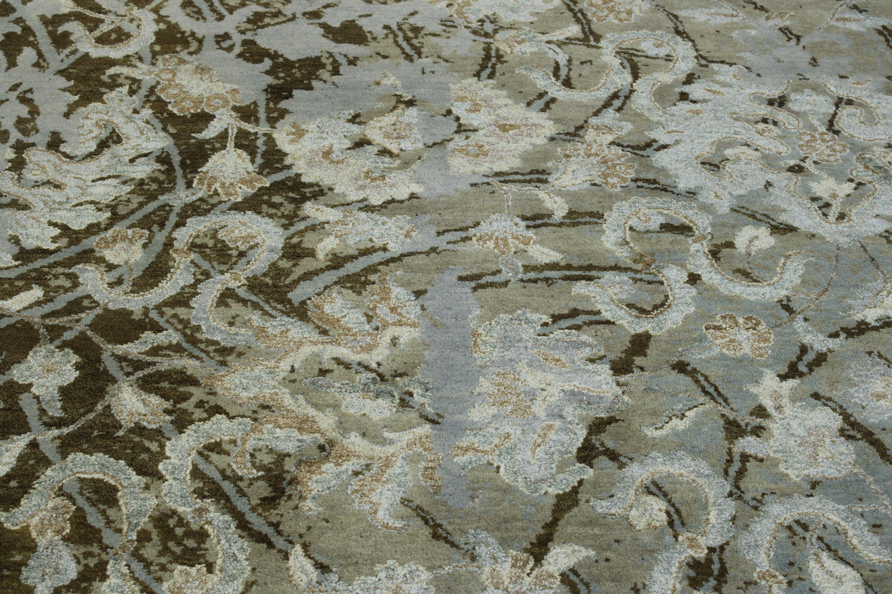 Close-up of wool-silk pile, Brown & Gray rug