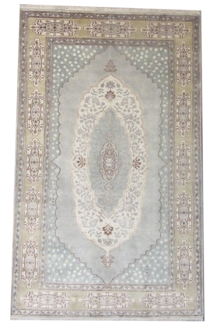 Fine Persian Haji Jalili Tabriz hand-knotted wool-silk rug in Blue & Gold, full view
