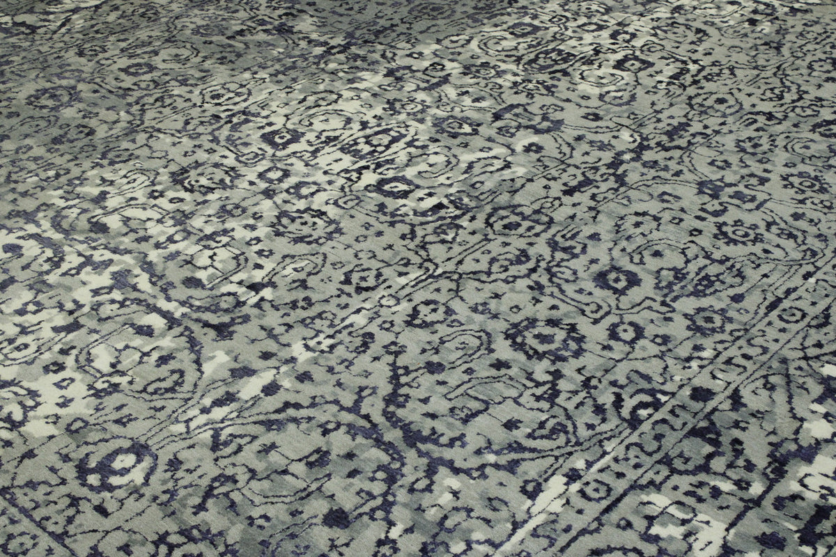 Transitional Abstract Broken Design hand-knotted wool rug in Blue & Gray, full view