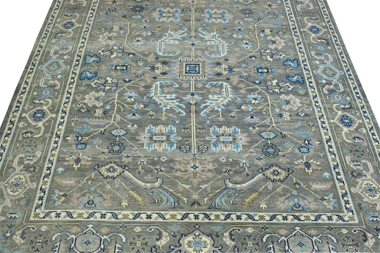 Blue & Gray Oushak Colorful Ziegler rug in room setting