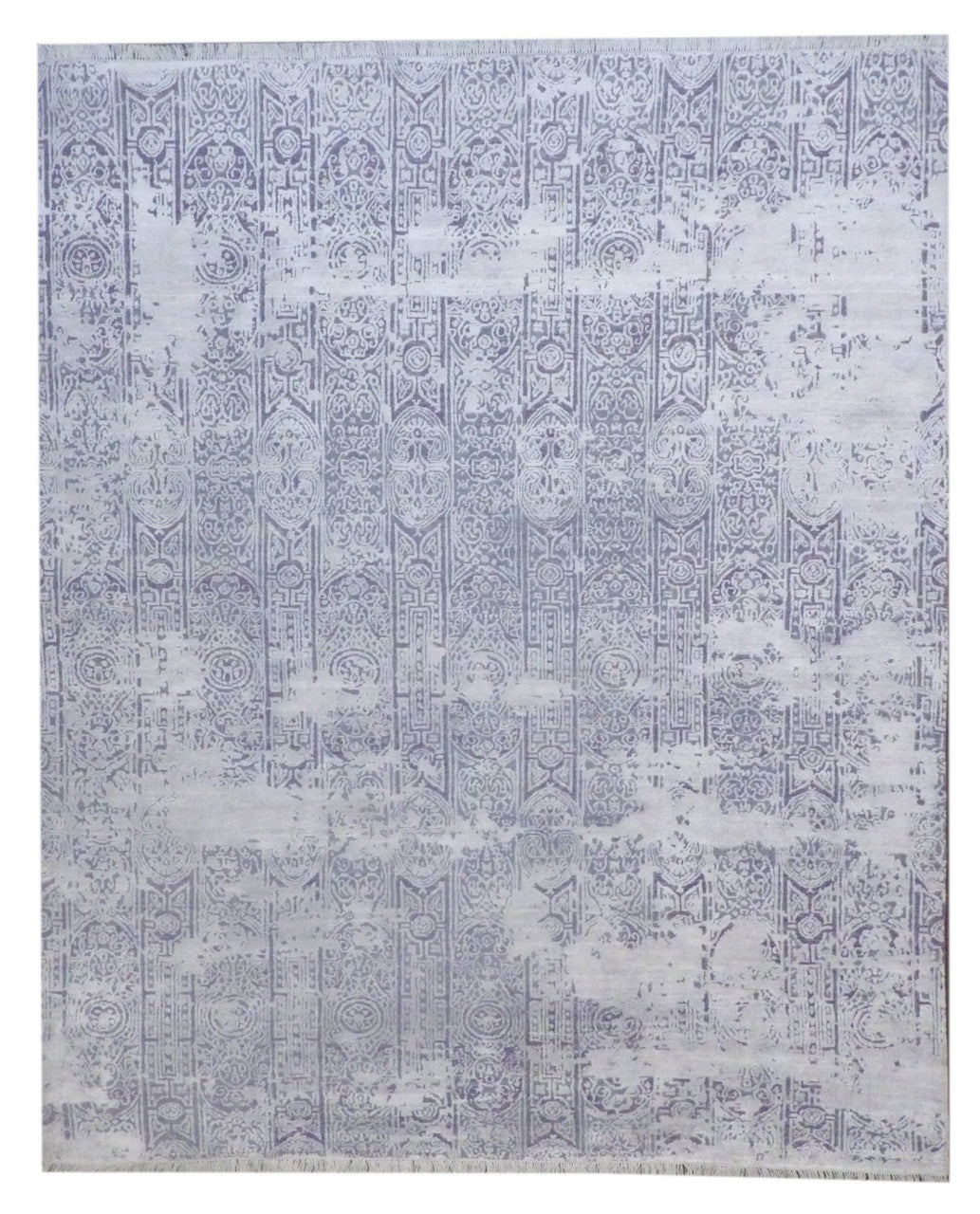 Ikat Oxidized Carved Silky hand-knotted wool-silk rug in Gray & Purple, full view