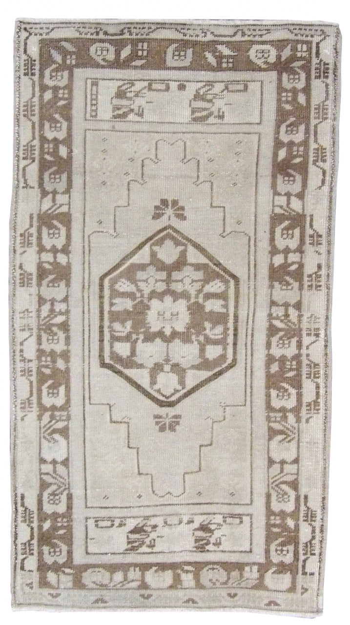 Vintage Oushak hand-knotted wool rug in brown and gray, full view