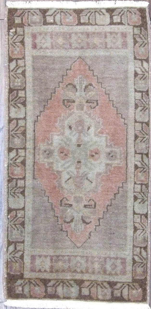 Vintage Turk Anatolian Antique Yastik hand-knotted wool rug in Brown & Pink, full view