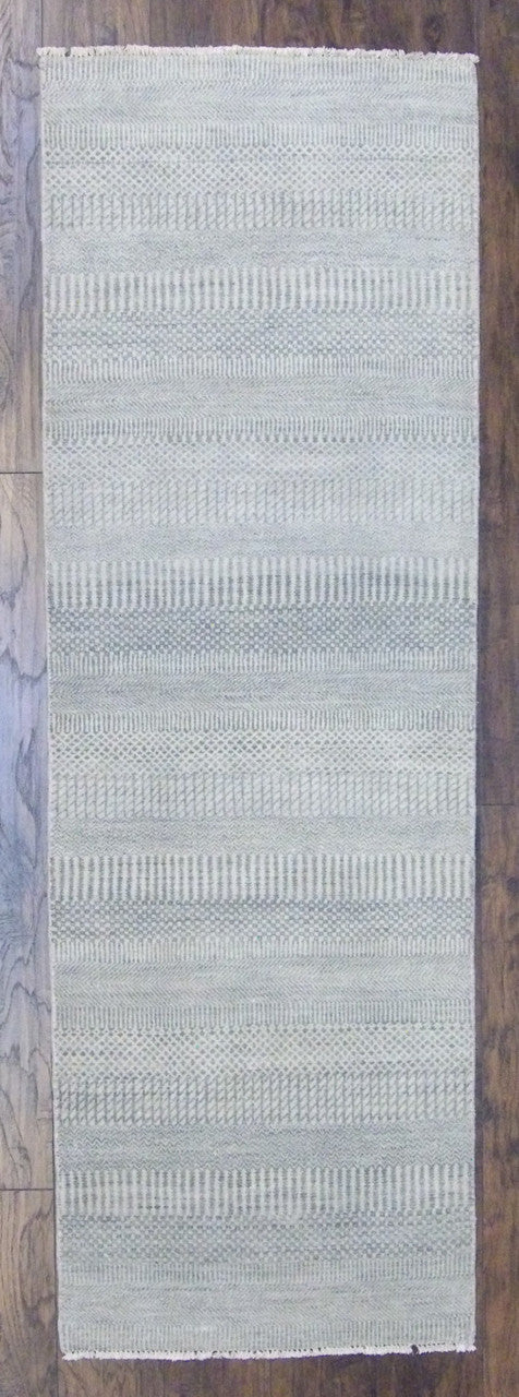 Indo modern grass design hand-knotted wool runner in green and gray, full view
