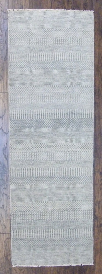 Indo modern grass design hand-knotted wool runner in green and gray, full view