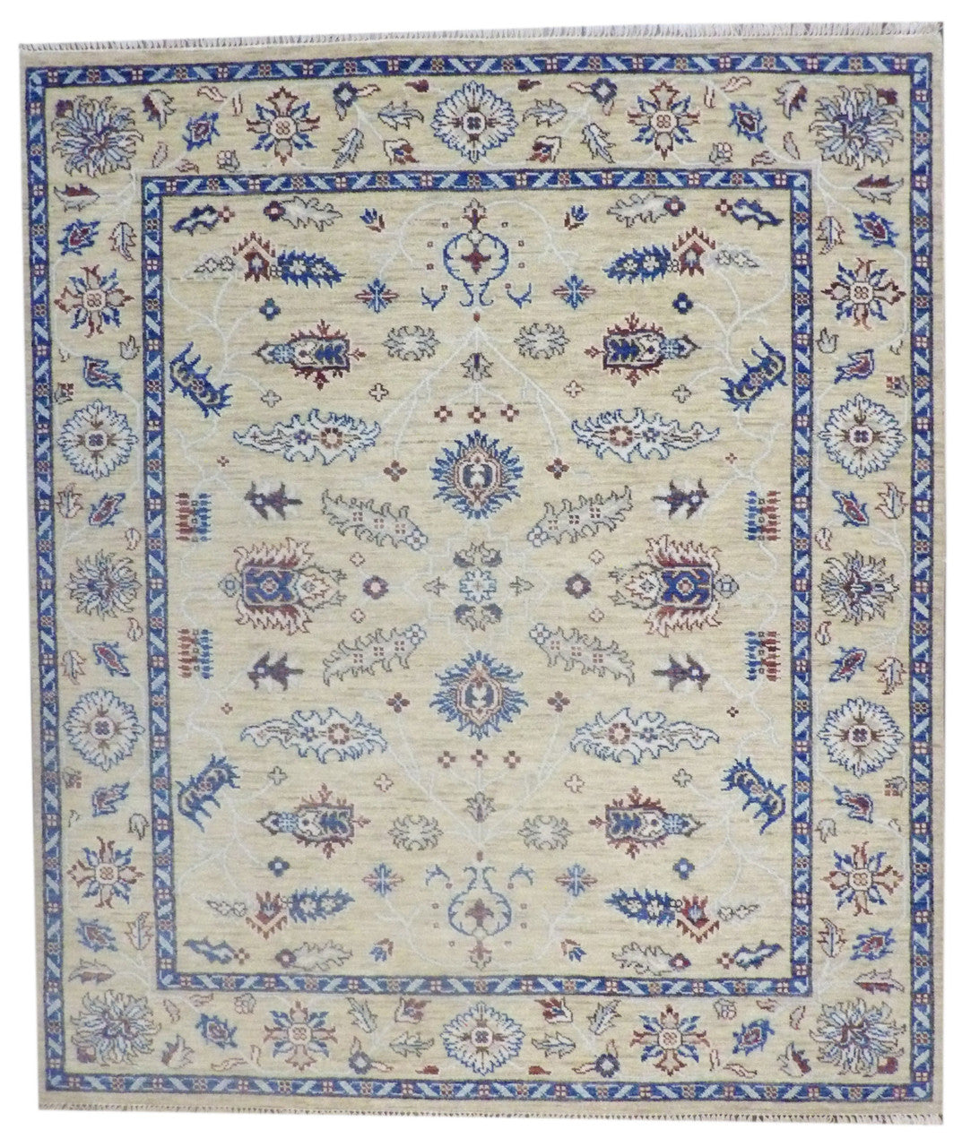 Oushak Khorjin Design Wash hand-knotted wool rug in Blue & Beige, full view