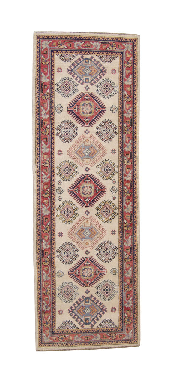 Tribal Super Kazak hand-knotted wool rug in Beige, full view