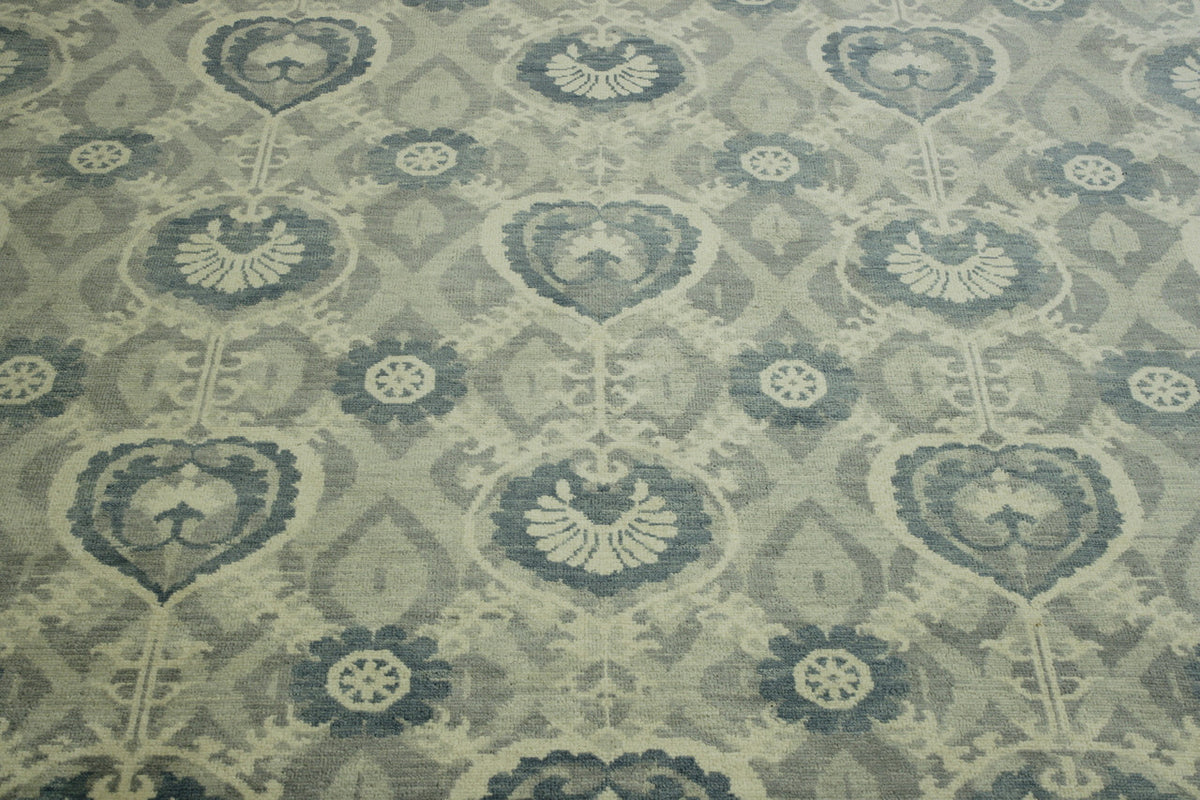 Tribal Ikat hand-knotted wool rug in Blue & Gray, full view