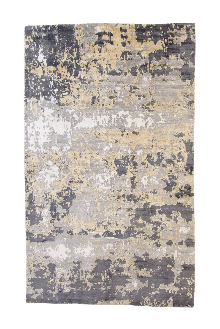 Modern Abstract Design hand-knotted silk rug in Blue & White, full view