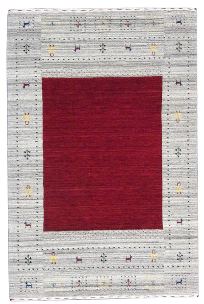Gabbeh hand-knotted wool rug in beige and red, full view
