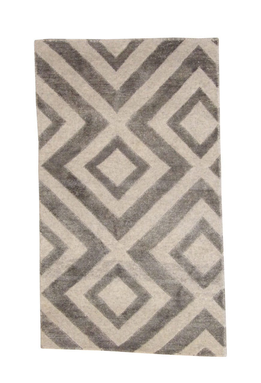 Modern Diamond Design hand-knotted wool-silk rug in Gray, full view