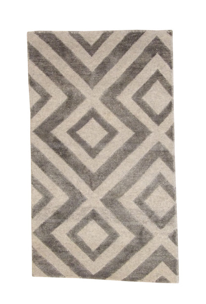 Modern Diamond Design hand-knotted wool-silk rug in Gray, full view