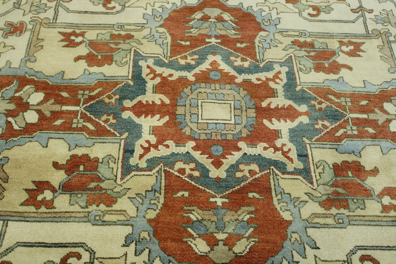 Tribal Heriz hand-knotted wool rug in Beige & Rust, full view
