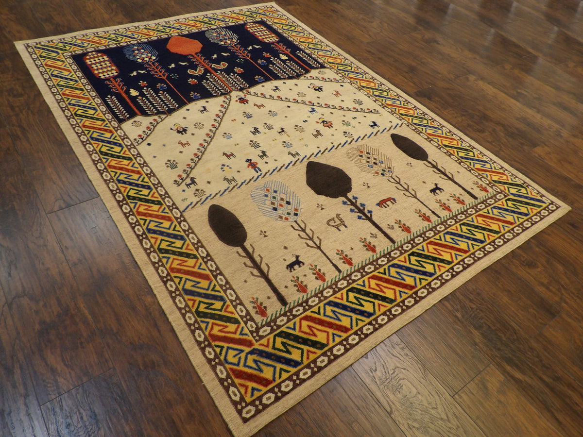 Khorasan tribal pattern detail, gold and ivory Soumak rug