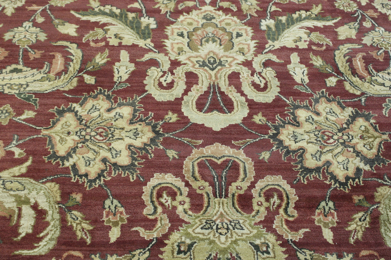 Traditional Fine Mashad hand-knotted wool rug in Green & Red, full view