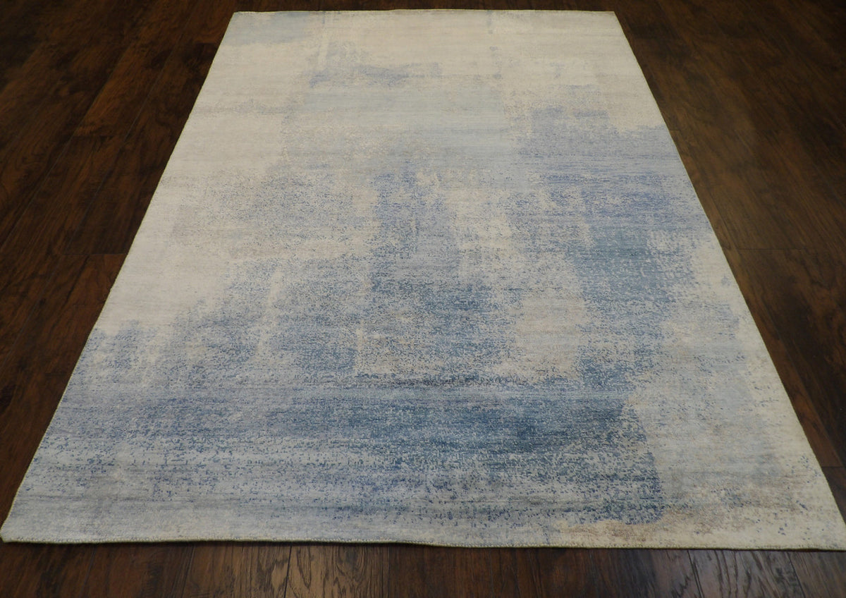 Back of hand-knotted transitional abstract rug showing construction