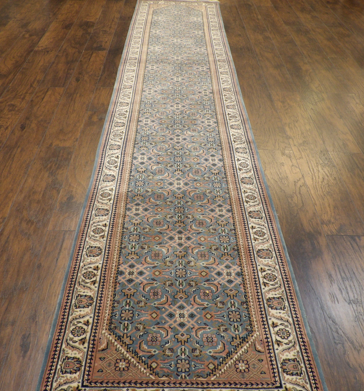 Bidjar dense weave pattern detail, beige and blue runner
