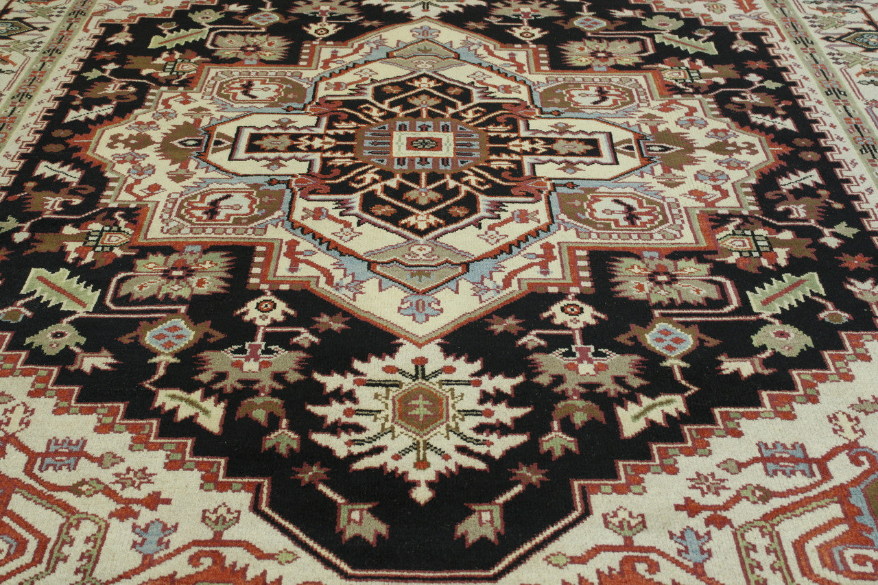 Tribal Heriz rug corner detail